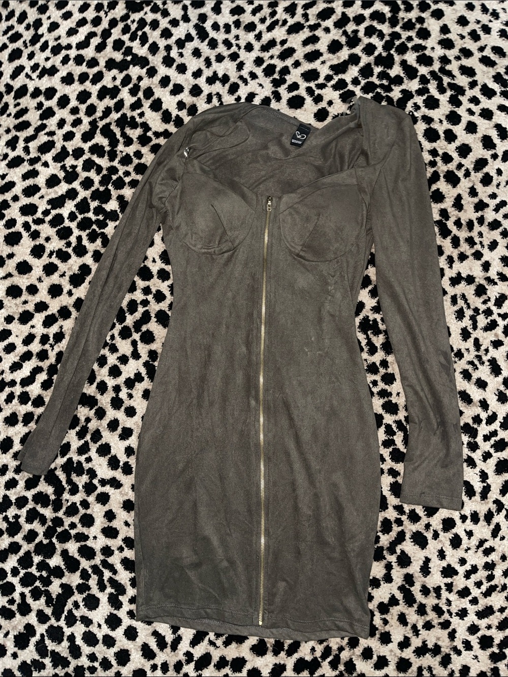 Olive Long Sleeve Bodycon Dress with Front Zip Suede